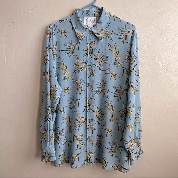 Diane Von Furstenberg Tops - Vintage 90s Diane Von Furstenberg Light Blue Floral Silk Linen Blouse Size: M